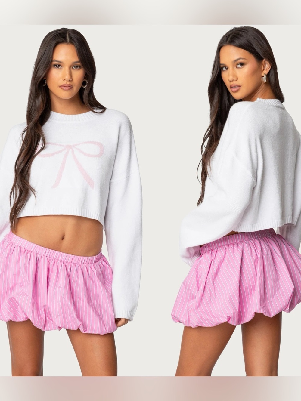 NWT Edikted Knit Bow Cropped Sweater S White/Pink
